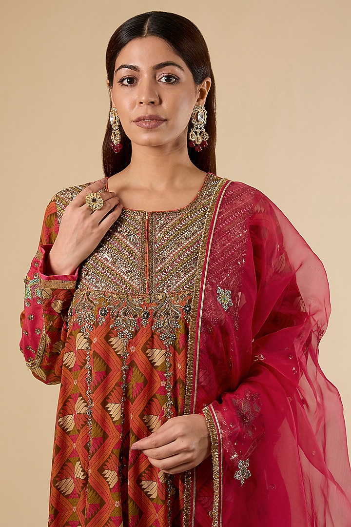 Orange Crepe Printed Wedding Anarkali Set by Raji Ramniq at Pernia's Pop Up Shop