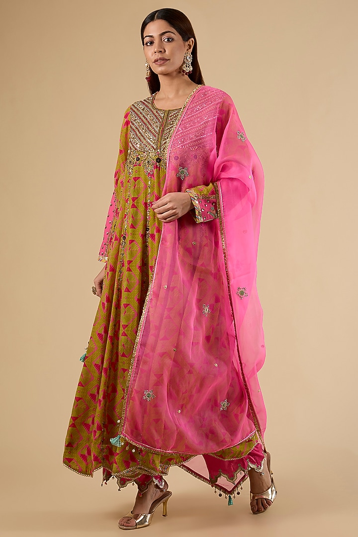 Yellow Crepe Printed Wedding Anarkali Set by Raji Ramniq at Pernia's Pop Up Shop