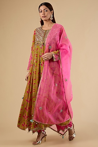 Yellow Crepe Printed Anarkali Set by Raji Ramniq