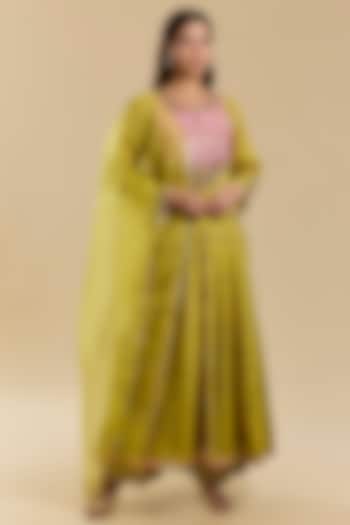 Yellow Modal Satin & Crepe Hand Embroidered Wedding Anarkali Set by Raji Ramniq at Pernia's Pop Up Shop