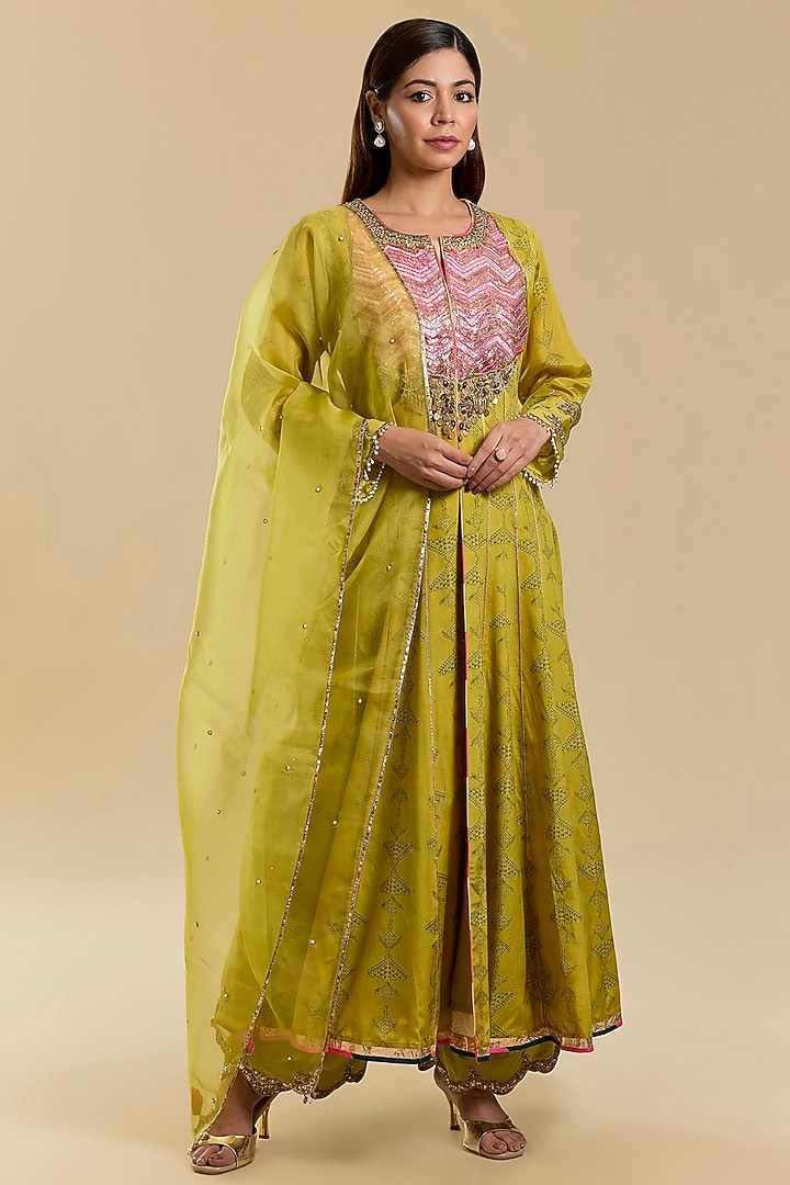 Yellow Modal Satin & Crepe Hand Embroidered Wedding Anarkali Set by Raji Ramniq at Pernia's Pop Up Shop