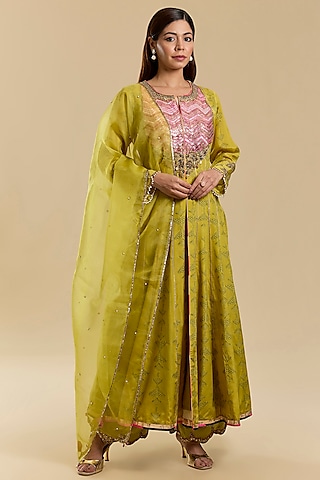 Yellow Modal Satin & Crepe Hand Embroidered Anarkali Set by Raji Ramniq