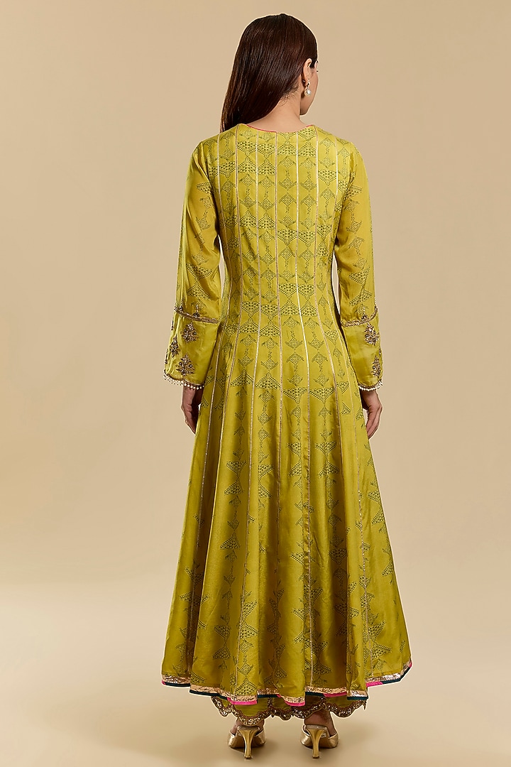 Yellow Modal Satin & Crepe Hand Embroidered Wedding Anarkali Set by Raji Ramniq at Pernia's Pop Up Shop