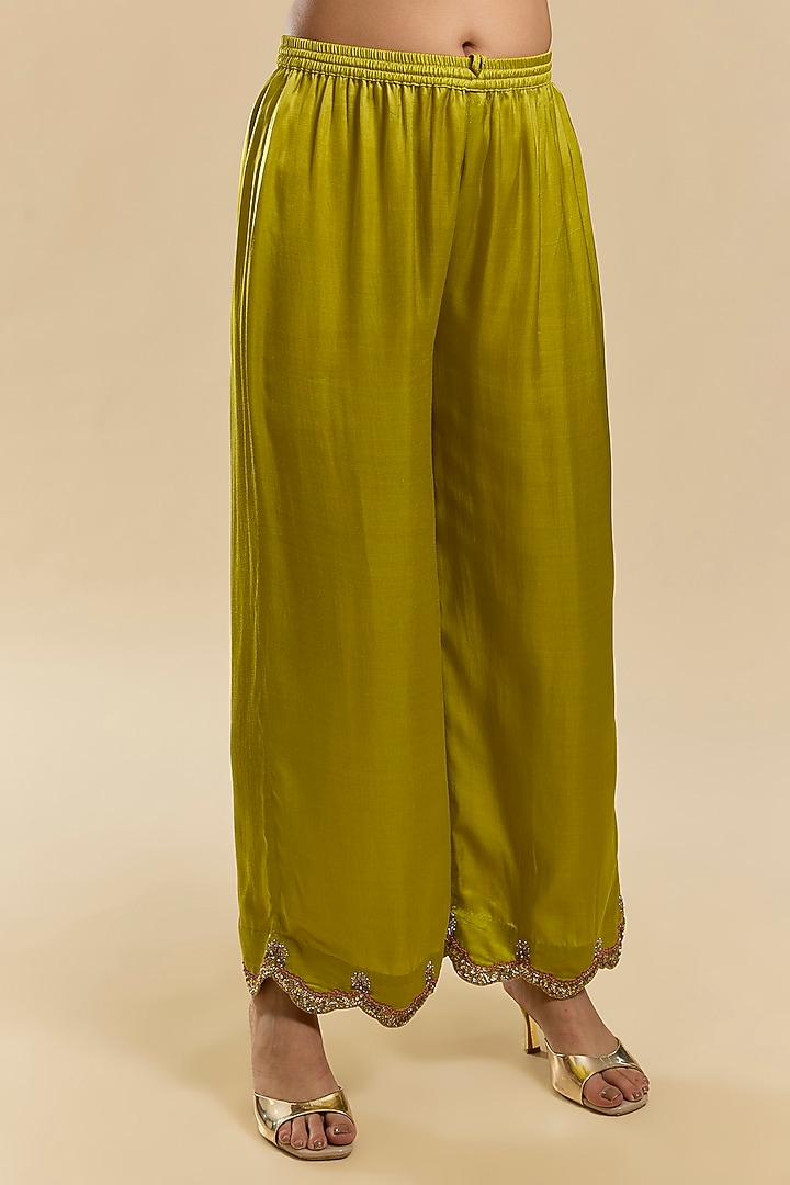 Yellow Modal Satin & Crepe Hand Embroidered Wedding Anarkali Set by Raji Ramniq at Pernia's Pop Up Shop