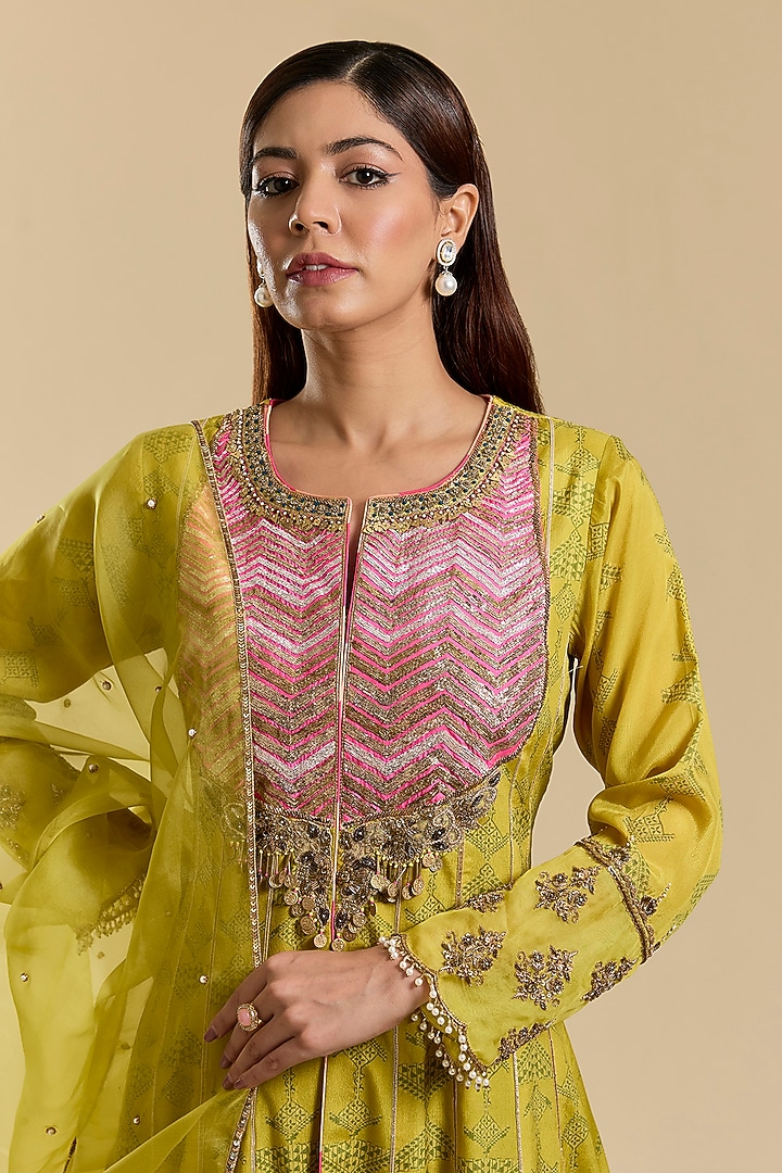 Yellow Modal Satin & Crepe Hand Embroidered Wedding Anarkali Set by Raji Ramniq at Pernia's Pop Up Shop