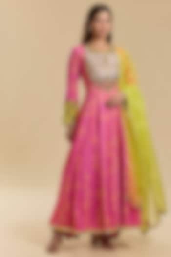 Hot Pink Modal Satin & Crepe Hand Embroidered Wedding Anarkali Set by Raji Ramniq at Pernia's Pop Up Shop