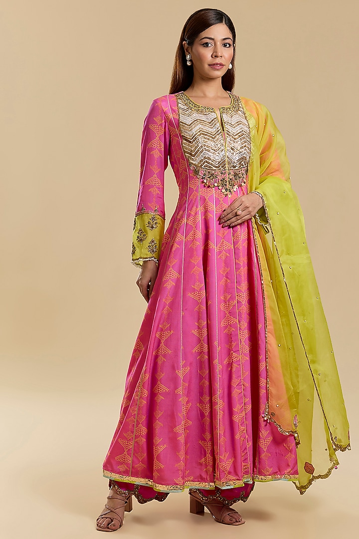 Hot Pink Modal Satin & Crepe Hand Embroidered Wedding Anarkali Set by Raji Ramniq at Pernia's Pop Up Shop