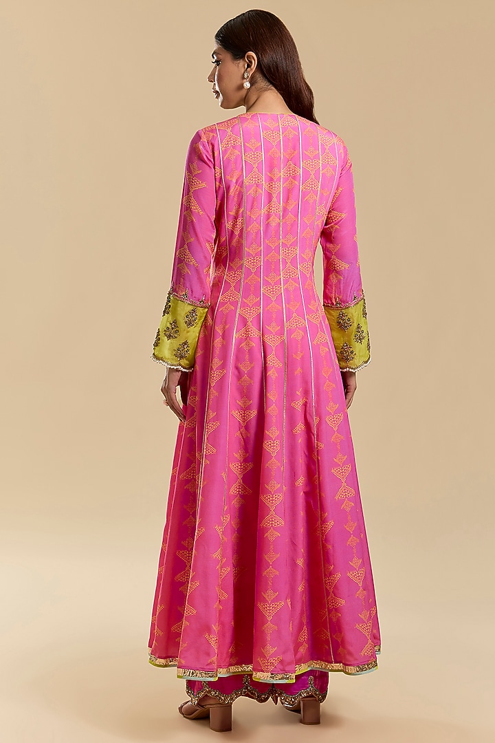 Hot Pink Modal Satin & Crepe Hand Embroidered Wedding Anarkali Set by Raji Ramniq at Pernia's Pop Up Shop