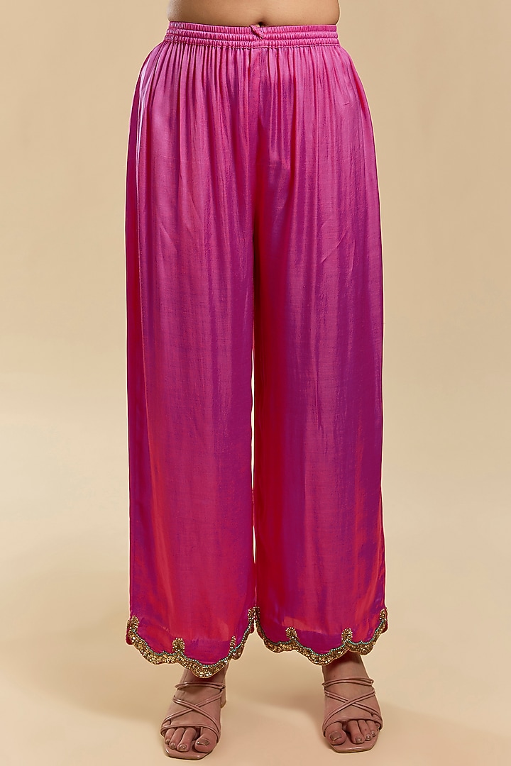 Hot Pink Modal Satin & Crepe Hand Embroidered Wedding Anarkali Set by Raji Ramniq at Pernia's Pop Up Shop