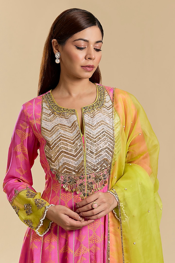 Hot Pink Modal Satin & Crepe Hand Embroidered Wedding Anarkali Set by Raji Ramniq at Pernia's Pop Up Shop