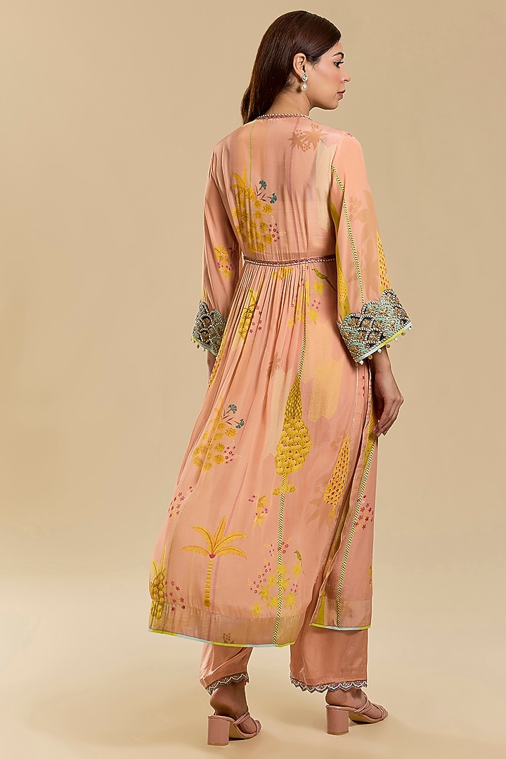Peachish Pink Crepe Hand Embroidered Kurta Set by Raji Ramniq at Pernia's Pop Up Shop