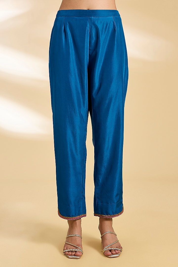 Teal Blue Silk Hand Embroidered Kurta Set by Raji ramniq at Pernia's Pop Up Shop