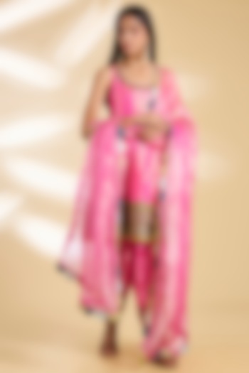 Hot Pink Silk Tissue Hand Embroidered Short Wedding Anarkali Set by Raji ramniq at Pernia's Pop Up Shop