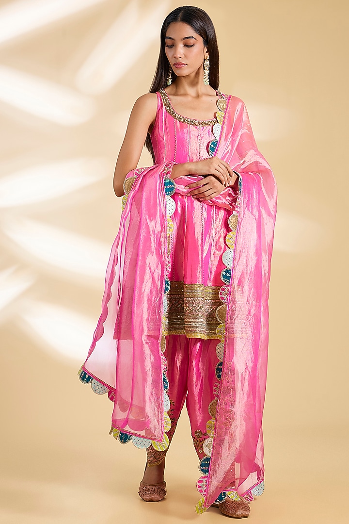 Hot Pink Silk Tissue Hand Embroidered Short Wedding Anarkali Set by Raji ramniq at Pernia's Pop Up Shop