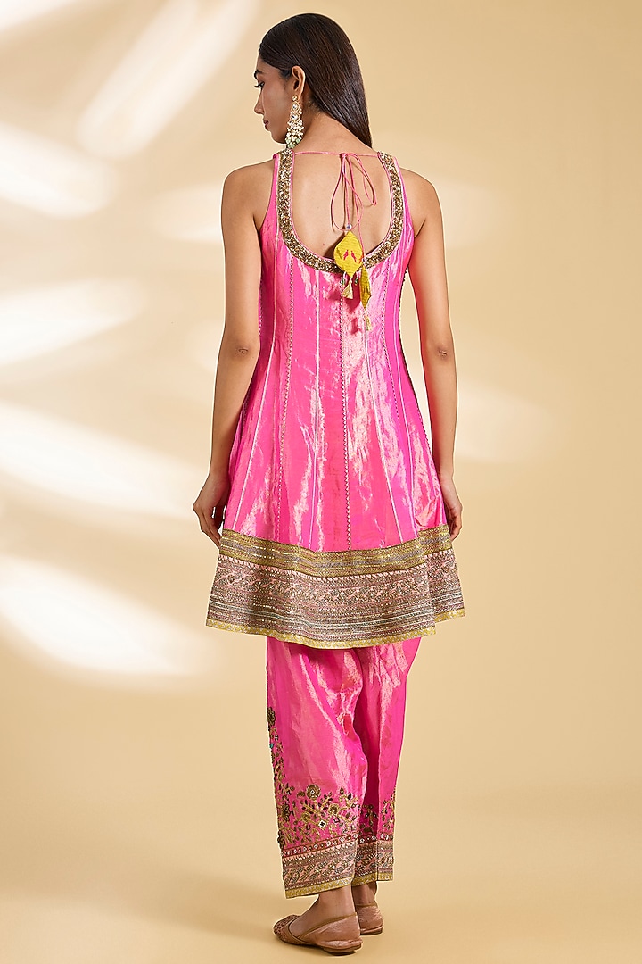 Hot Pink Silk Tissue Hand Embroidered Short Wedding Anarkali Set by Raji ramniq at Pernia's Pop Up Shop