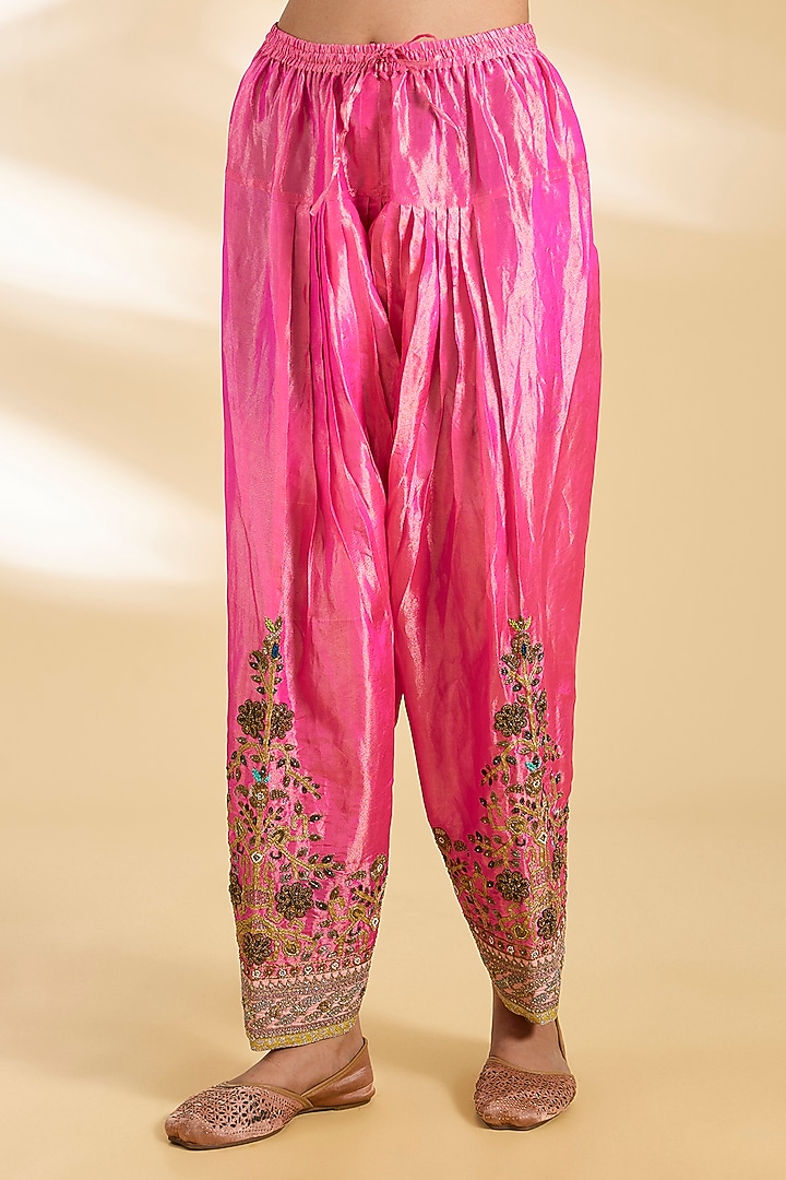 Hot Pink Silk Tissue Hand Embroidered Short Wedding Anarkali Set by Raji ramniq at Pernia's Pop Up Shop
