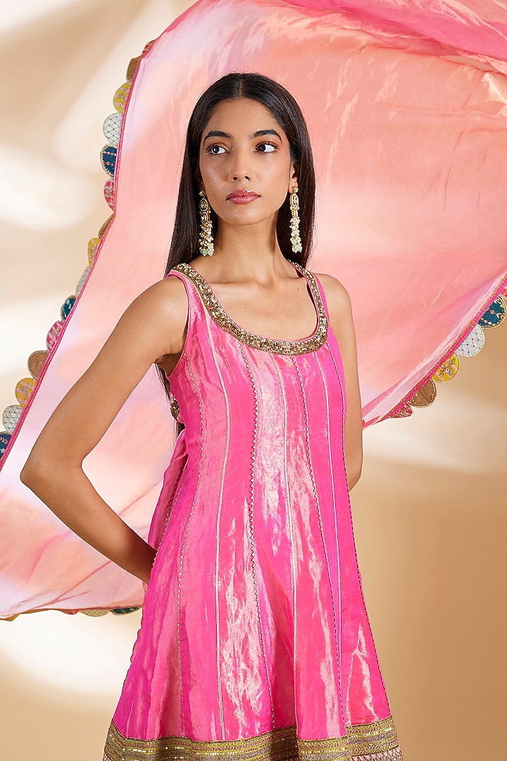Hot Pink Silk Tissue Hand Embroidered Short Wedding Anarkali Set by Raji ramniq at Pernia's Pop Up Shop