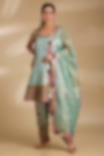 Blue Tissue Silk Hand Embroidered Short Wedding Anarkali Set by Raji ramniq at Pernia's Pop Up Shop