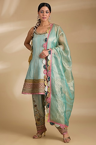 Blue Tissue Silk Hand Embroidered Short Anarkali Set by Raji ramniq
