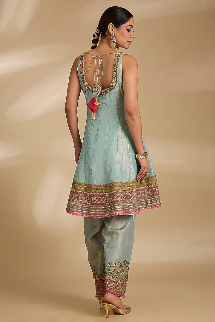 Blue Tissue Silk Hand Embroidered Short Wedding Anarkali Set by Raji ramniq at Pernia's Pop Up Shop