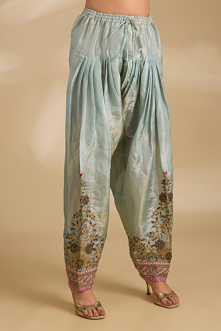 Blue Tissue Silk Hand Embroidered Short Wedding Anarkali Set by Raji ramniq at Pernia's Pop Up Shop