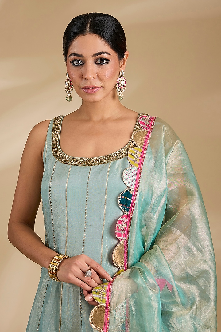 Blue Tissue Silk Hand Embroidered Short Wedding Anarkali Set by Raji ramniq at Pernia's Pop Up Shop