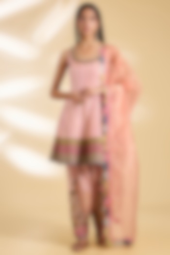 Pastel Pink Silk Tissue Hand Embroidered Short Wedding Anarkali Set by Raji ramniq at Pernia's Pop Up Shop