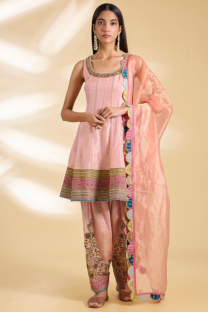 Pastel Pink Silk Tissue Hand Embroidered Short Wedding Anarkali Set by Raji ramniq at Pernia's Pop Up Shop