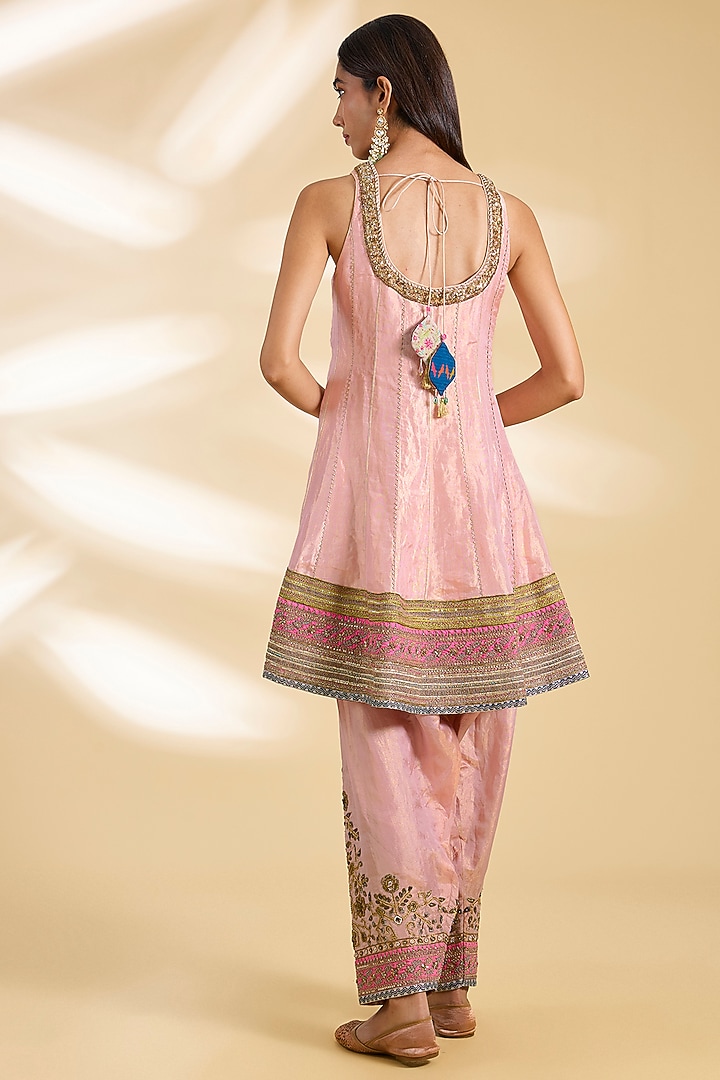 Pastel Pink Silk Tissue Hand Embroidered Short Wedding Anarkali Set by Raji ramniq at Pernia's Pop Up Shop