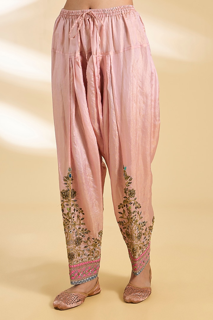 Pastel Pink Silk Tissue Hand Embroidered Short Wedding Anarkali Set by Raji ramniq at Pernia's Pop Up Shop