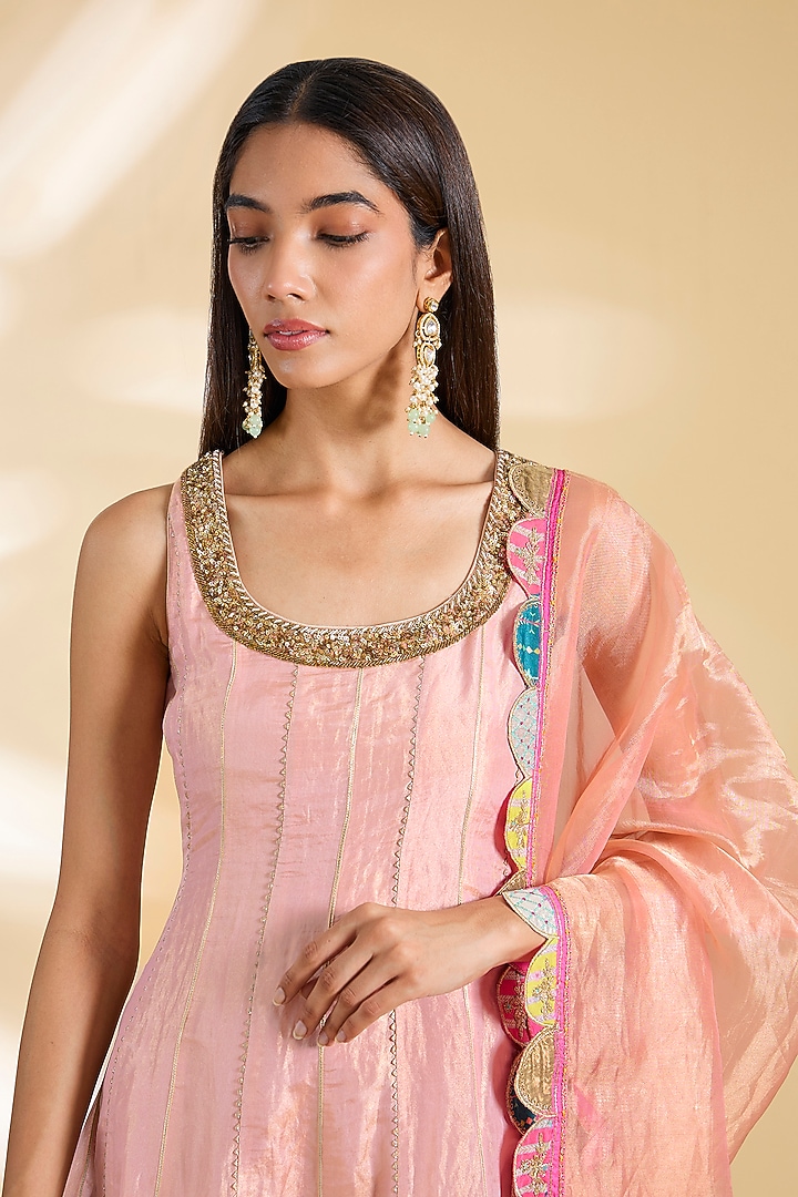 Pastel Pink Silk Tissue Hand Embroidered Short Wedding Anarkali Set by Raji ramniq at Pernia's Pop Up Shop