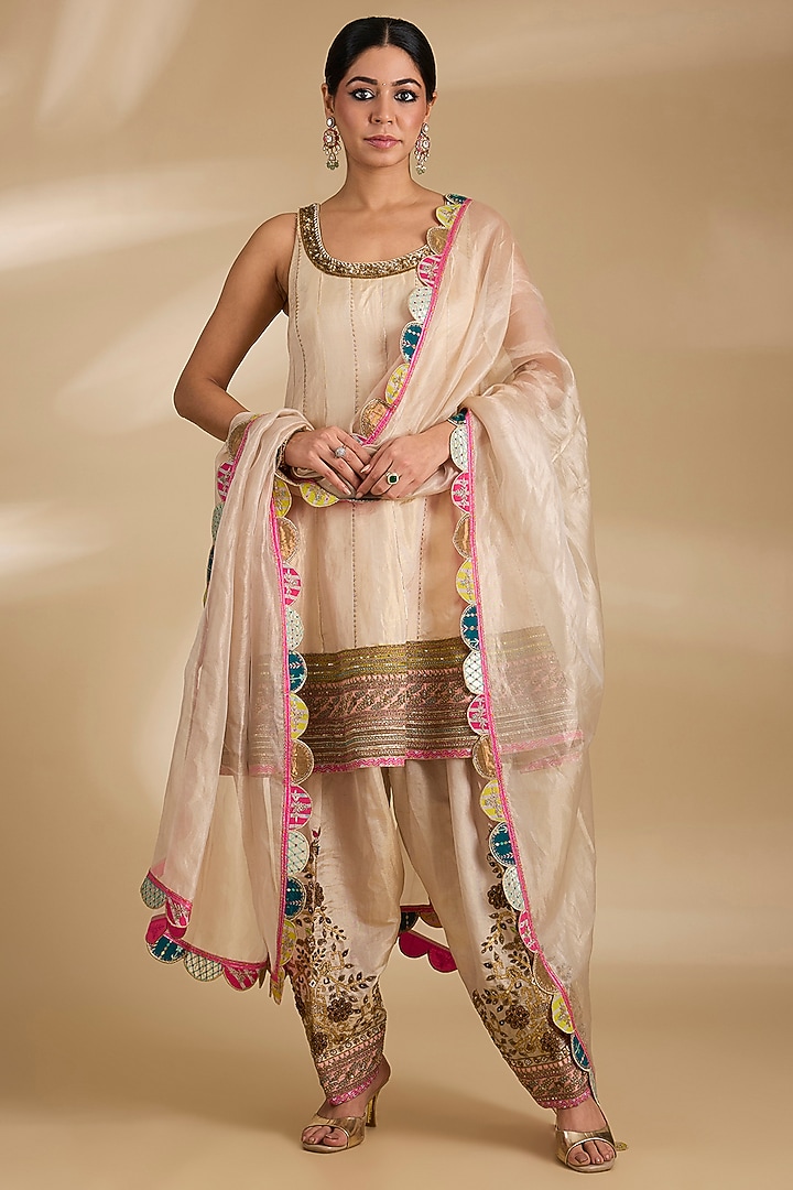 Ivory Tissue Silk Hand Embroidered Short Wedding Anarkali Set by Raji ramniq at Pernia's Pop Up Shop