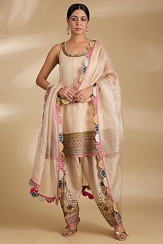 Ivory Tissue Silk Hand Embroidered Short Anarkali Set by Raji ramniq