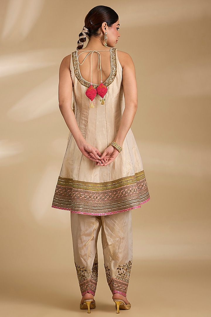 Ivory Tissue Silk Hand Embroidered Short Wedding Anarkali Set by Raji ramniq at Pernia's Pop Up Shop