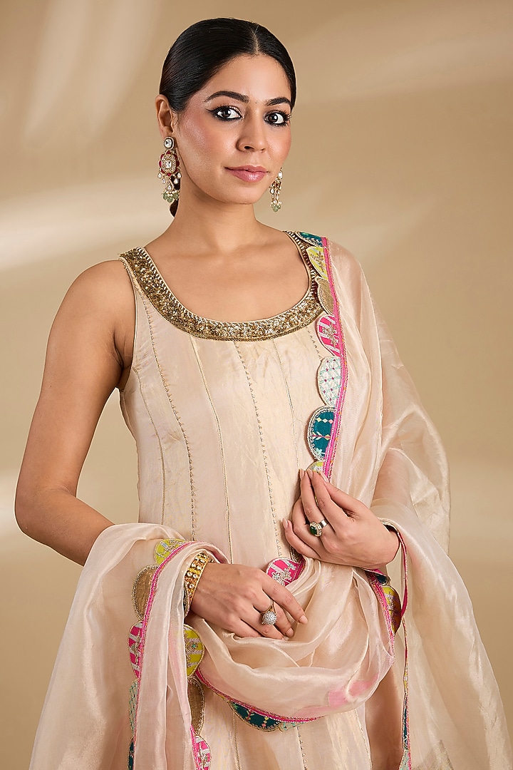Ivory Tissue Silk Hand Embroidered Short Wedding Anarkali Set by Raji ramniq at Pernia's Pop Up Shop