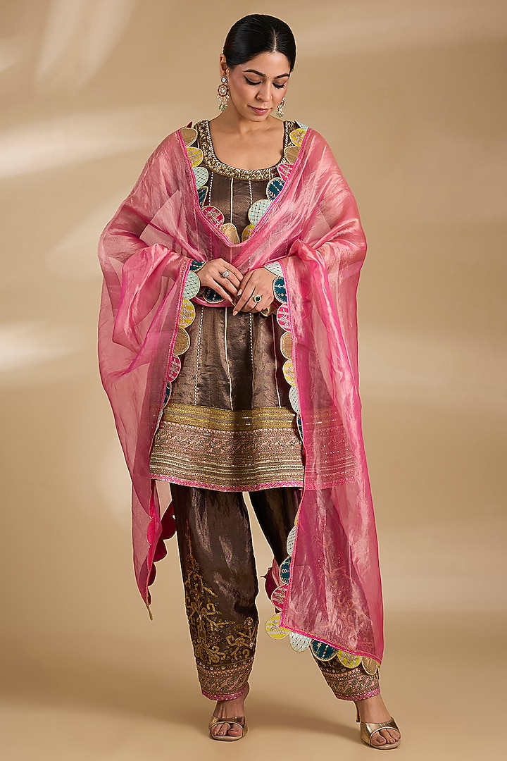 Charcoal Black Tissue Silk Hand Embroidered Short Wedding Anarkali Set by Raji ramniq at Pernia's Pop Up Shop