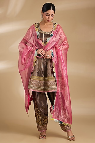 Charcoal Black Tissue Silk Hand Embroidered Short Anarkali Set by Raji ramniq
