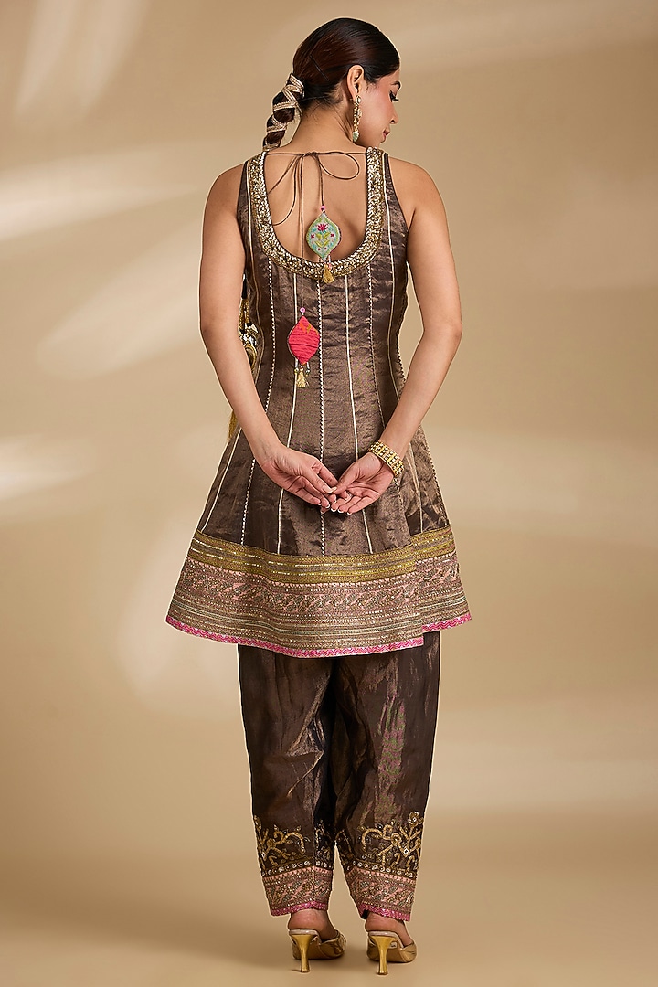 Charcoal Black Tissue Silk Hand Embroidered Short Wedding Anarkali Set by Raji ramniq at Pernia's Pop Up Shop