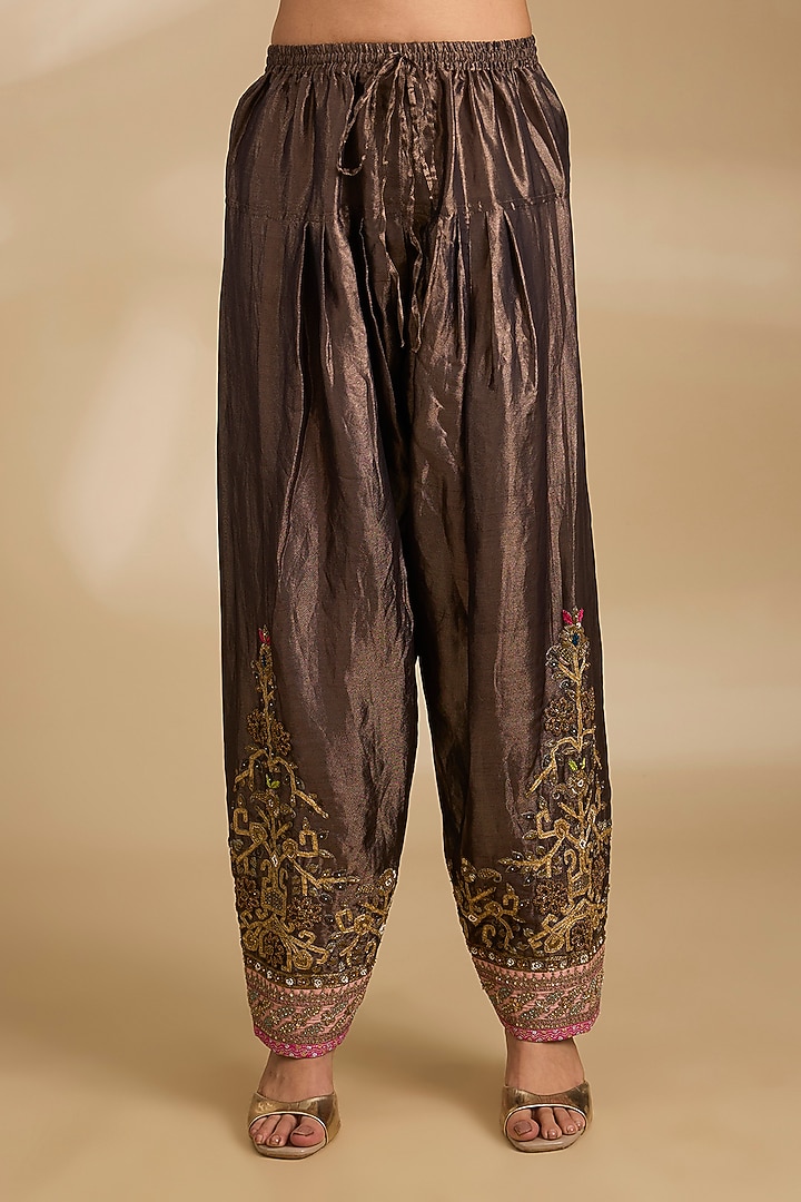 Charcoal Black Tissue Silk Hand Embroidered Short Wedding Anarkali Set by Raji ramniq at Pernia's Pop Up Shop