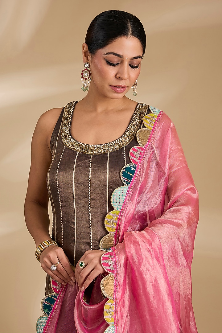 Charcoal Black Tissue Silk Hand Embroidered Short Wedding Anarkali Set by Raji ramniq at Pernia's Pop Up Shop