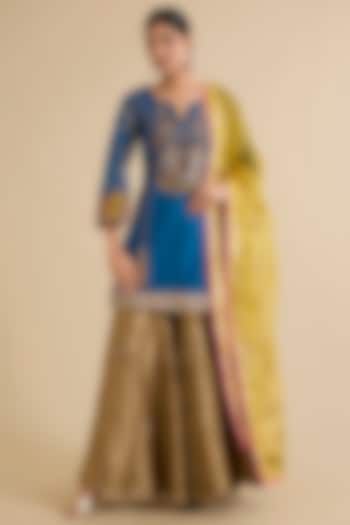 Blue Silk Hand Embroidered Short Kurta Set by Raji ramniq at Pernia's Pop Up Shop