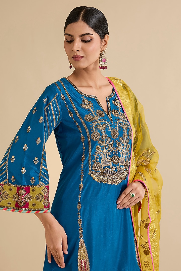 Blue Silk Hand Embroidered Short Kurta Set by Raji ramniq at Pernia's Pop Up Shop