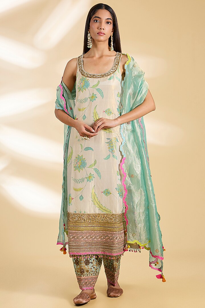 Ivory Silk Tissue Hand Embroidered Kurta Set by Raji ramniq at Pernia's Pop Up Shop
