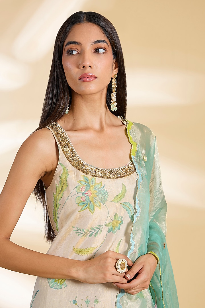 Ivory Silk Tissue Hand Embroidered Kurta Set by Raji ramniq at Pernia's Pop Up Shop