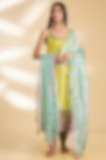 Lime Yellow Silk Tissue Hand Embroidered Kurta Set by Raji ramniq at Pernia's Pop Up Shop