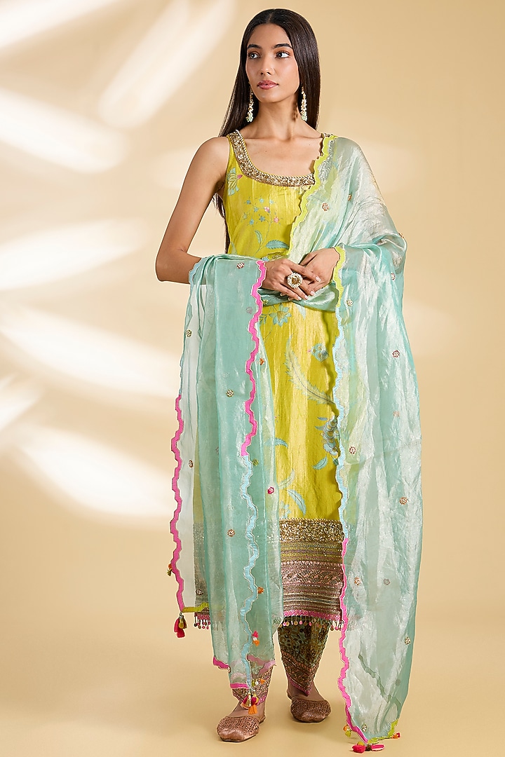 Lime Yellow Silk Tissue Hand Embroidered Kurta Set by Raji ramniq at Pernia's Pop Up Shop