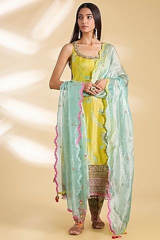 Lime Yellow Silk Tissue Hand Embroidered Kurta Set by Raji ramniq