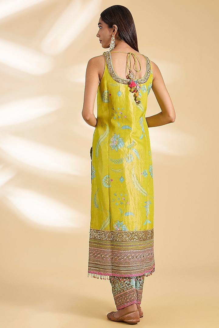 Lime Yellow Silk Tissue Hand Embroidered Kurta Set by Raji ramniq at Pernia's Pop Up Shop