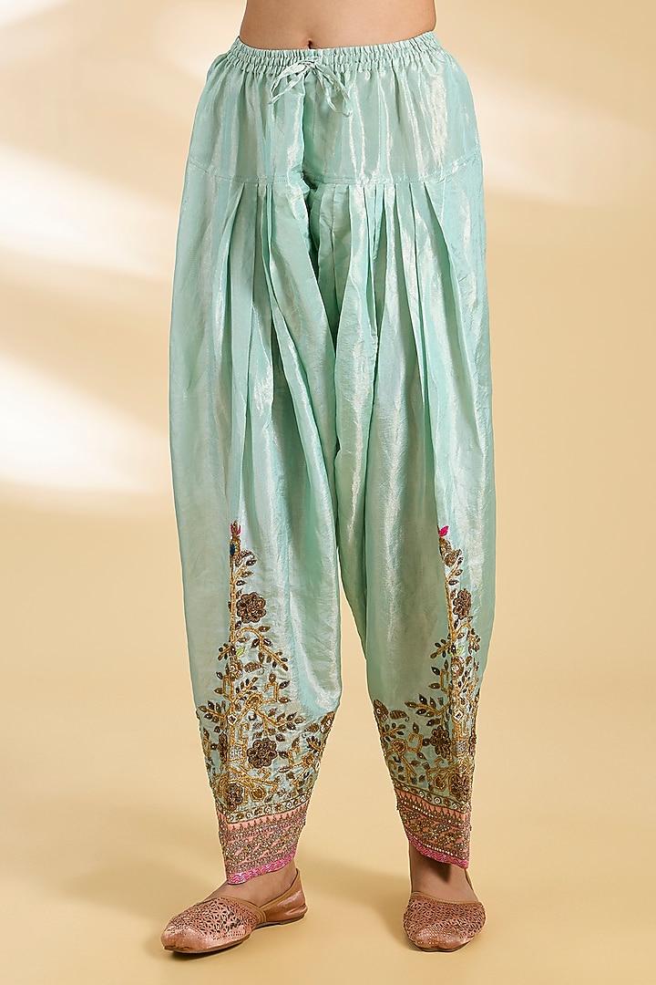 Lime Yellow Silk Tissue Hand Embroidered Kurta Set by Raji ramniq at Pernia's Pop Up Shop