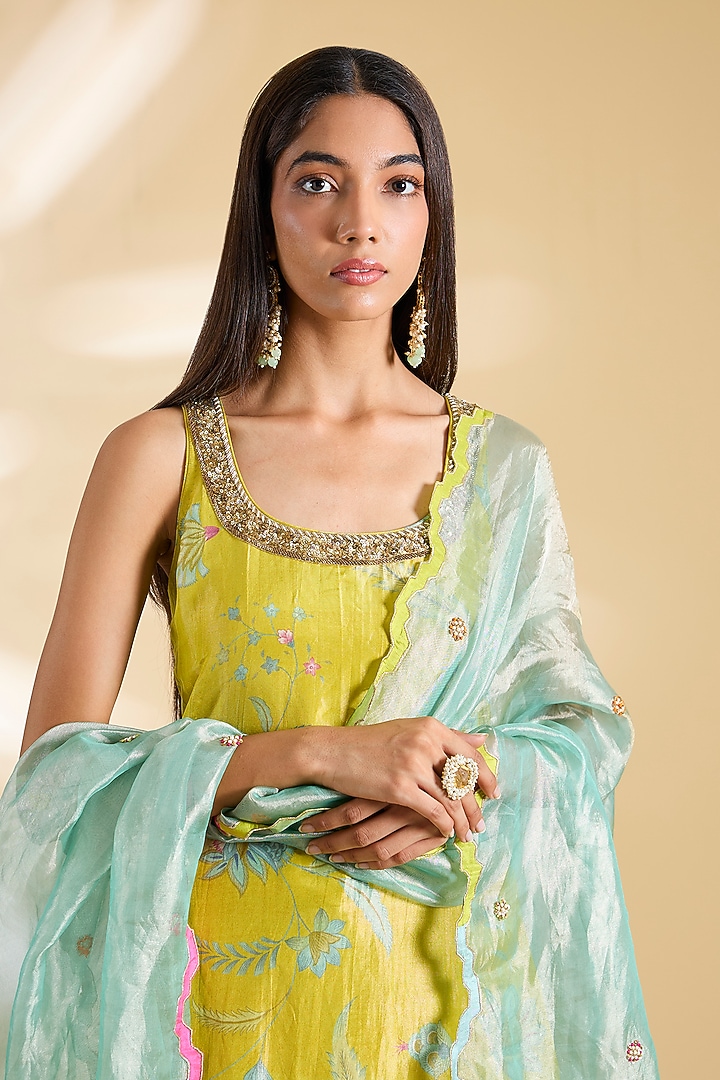 Lime Yellow Silk Tissue Hand Embroidered Kurta Set by Raji ramniq at Pernia's Pop Up Shop